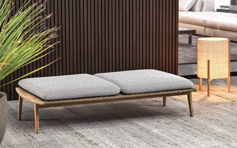 Phụ kiện ngoài trời ghế băng gỗ teak đan sợi giả mây M8-I019