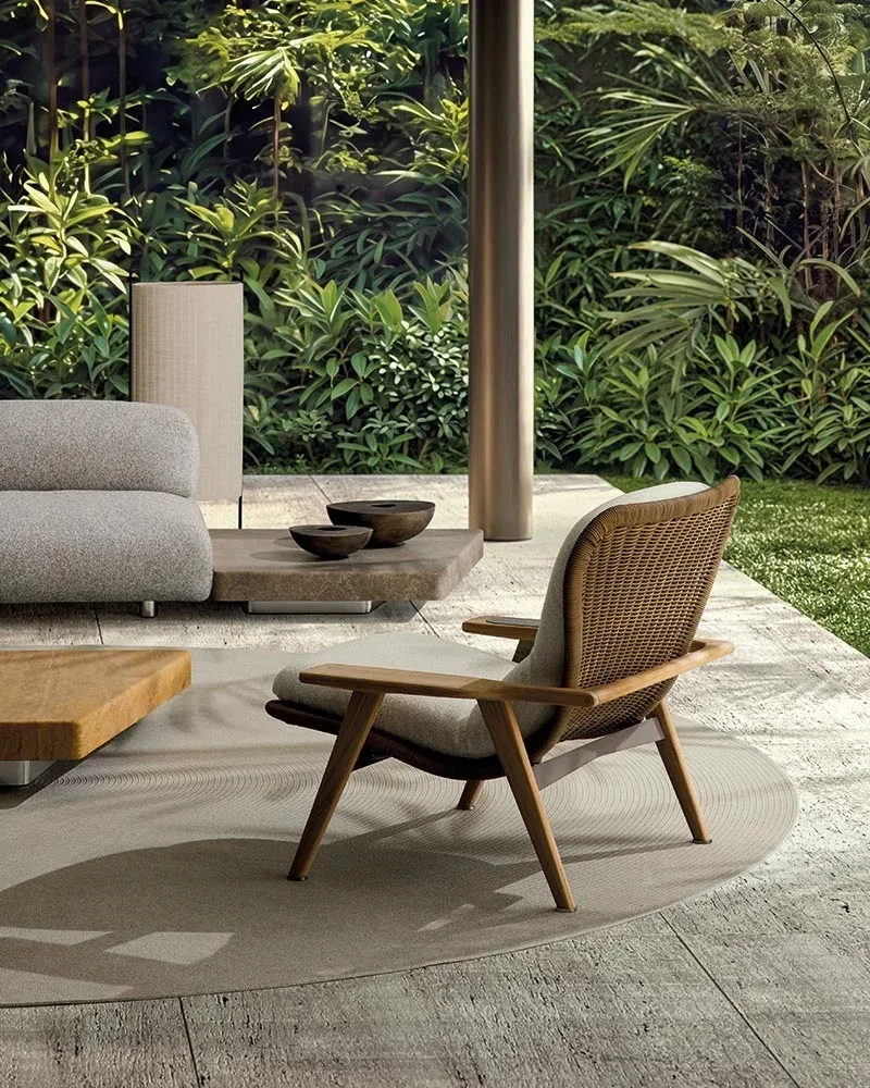 Ghế bành ngoài trời khung teak lưng đan giả mây đá travertine M8-I078