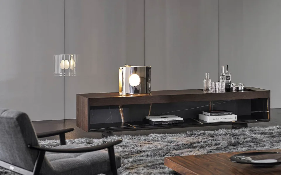 Kệ sách trang trí tủ thấp gỗ sồi chân nhôm đá đen M8-I177