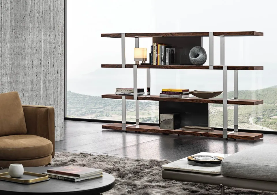 Kệ sách trang trí khung chrome bóng giá gỗ sồi đen M8-I184