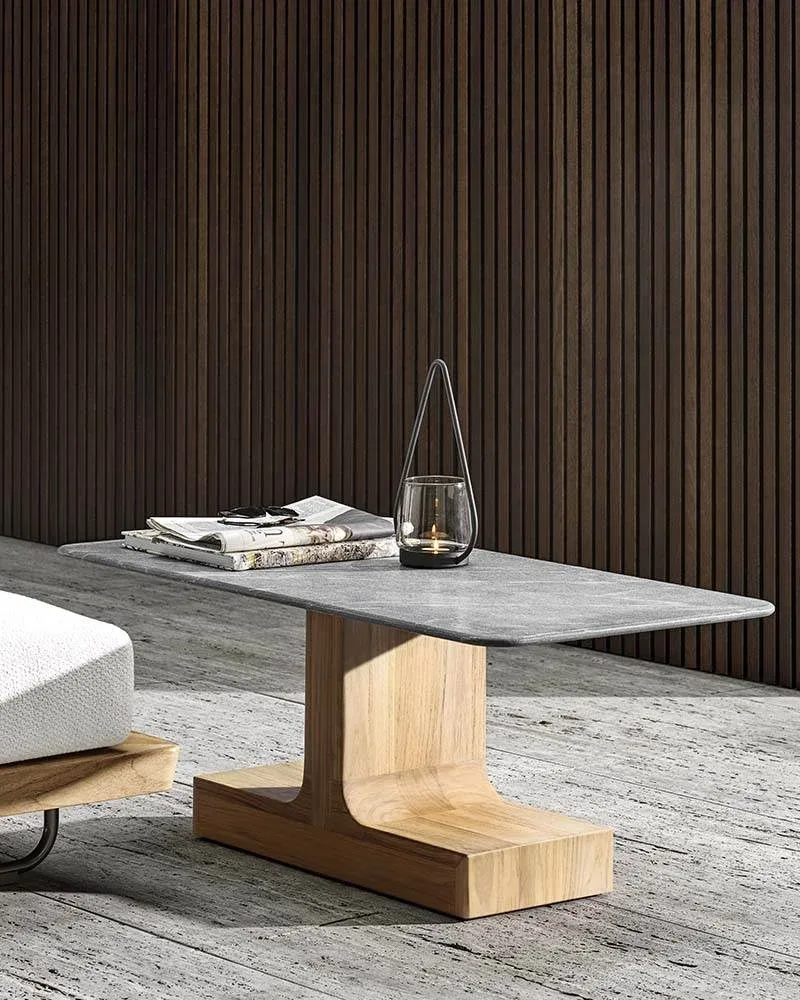 Bàn trà ngoài trời khối gỗ teak mặt đá bo tròn M8-I242