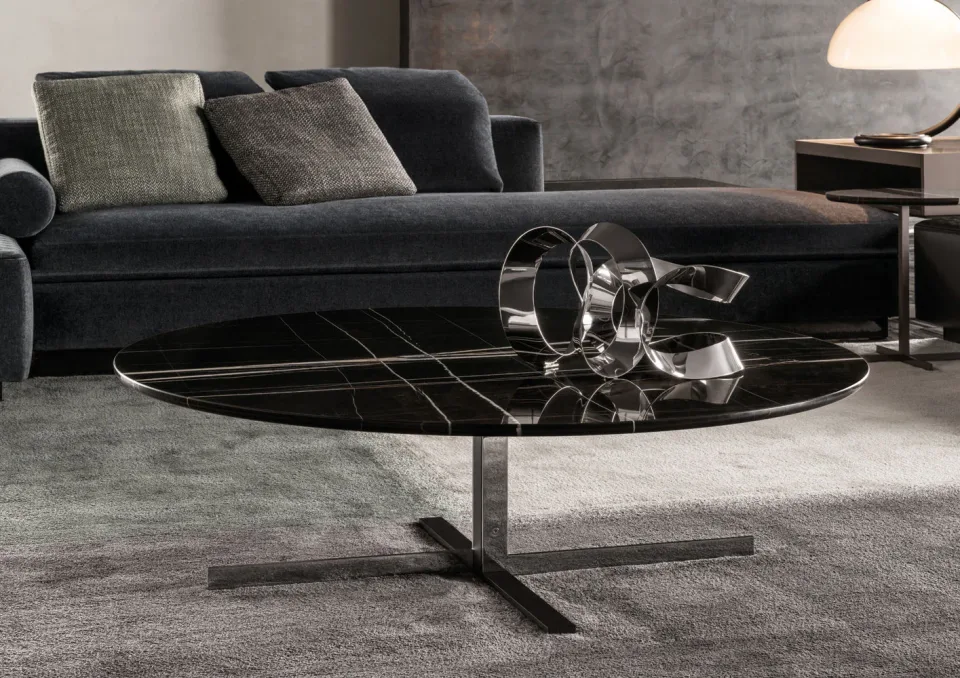 Bàn trà tròn oval chân chữ C mạ chrome hoặc vàng M8-I255
