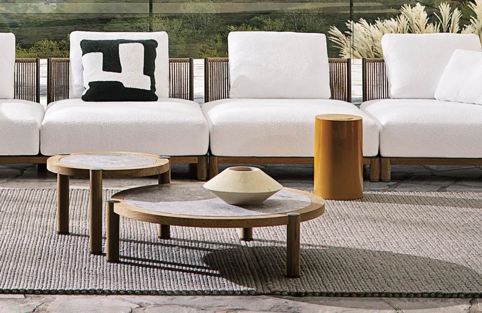 Bàn trà khung gỗ teak mặt đá tự nhiên chân trụ tròn M8-I264