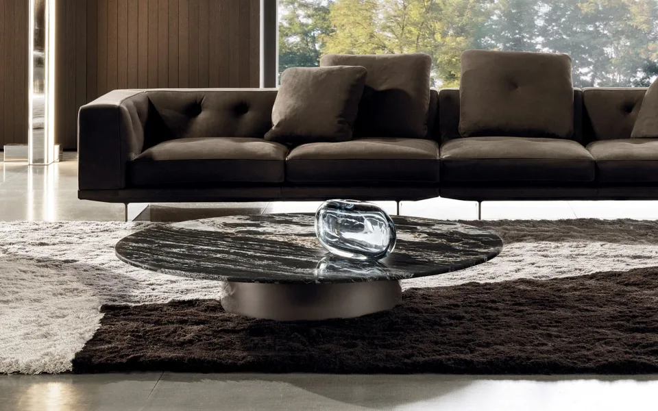 Bàn trà tròn mặt đá cẩm thạch đế bọc kim loại đồng M8-I268