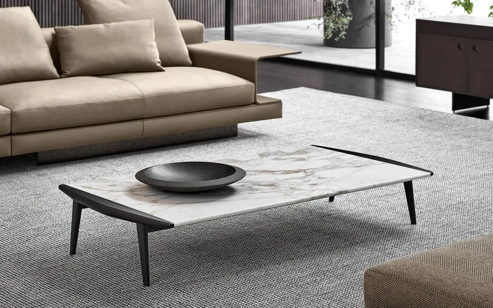 Bàn trà chân tần bì cong nhẹ mặt đá Calacatta M8-I279