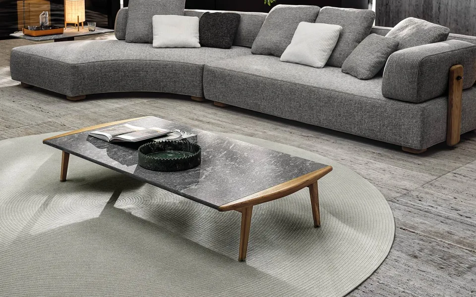 Bàn trà ngoài trời gỗ teak nguyên khối mặt đá cong nhẹ M8-I280