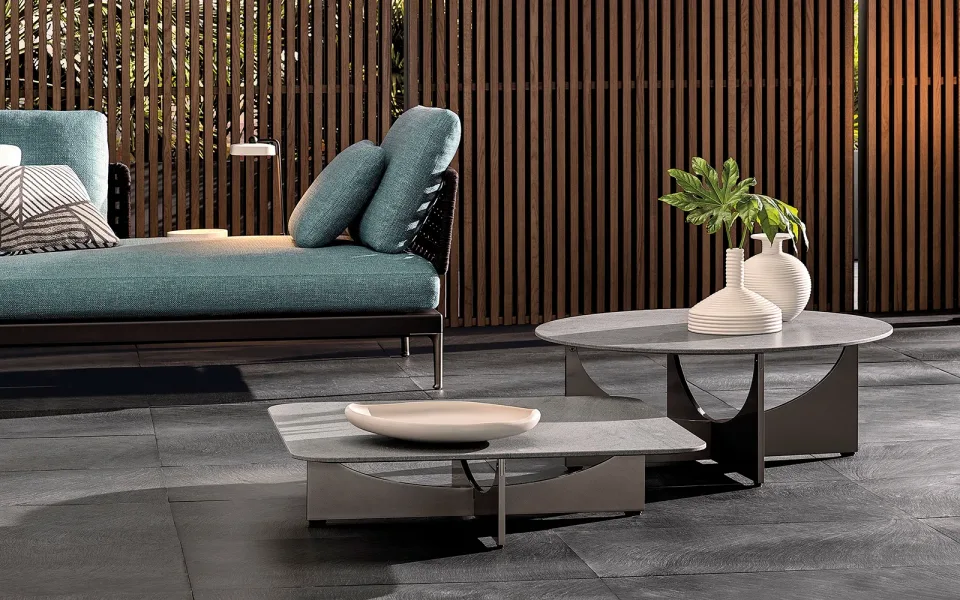 Bàn trà ngoài trời chân nhôm chữ X mặt đá basaltina M8-I310