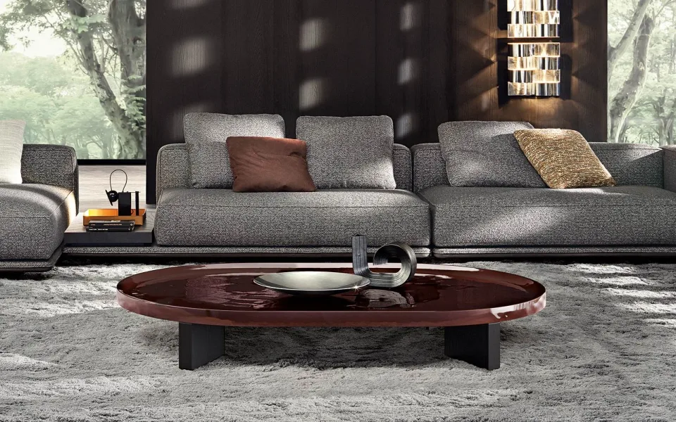 Bàn trà tròn oval mặt sơn bóng gợn sóng chân tần bì M8-I313
