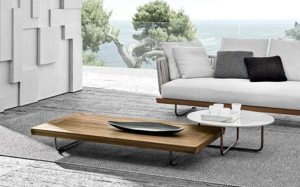 Bàn trà mặt gỗ teak nguyên khối khung thép mạ đồng bronze M8-I343