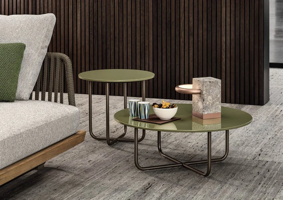 Bàn trà mặt laminate HPL bóng nhiều màu khung nhôm bronze M8-I344