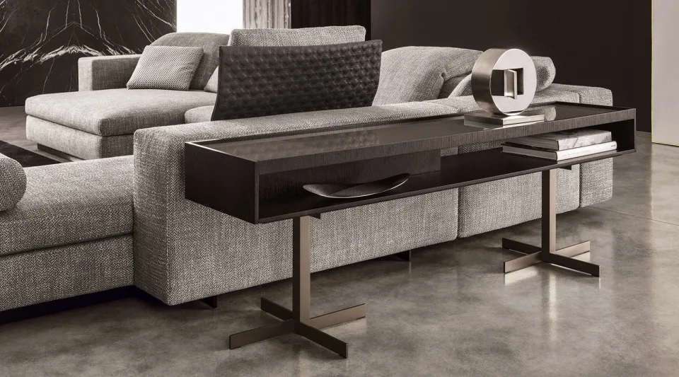 Bàn console hộp kệ mở gỗ sồi mocha đế kim loại bronze M8-I360