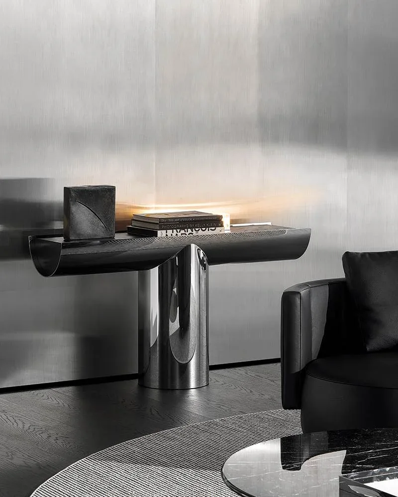 Bàn console thép bóng nửa trụ rỗng mặt gỗ tần bì chải M8-I367