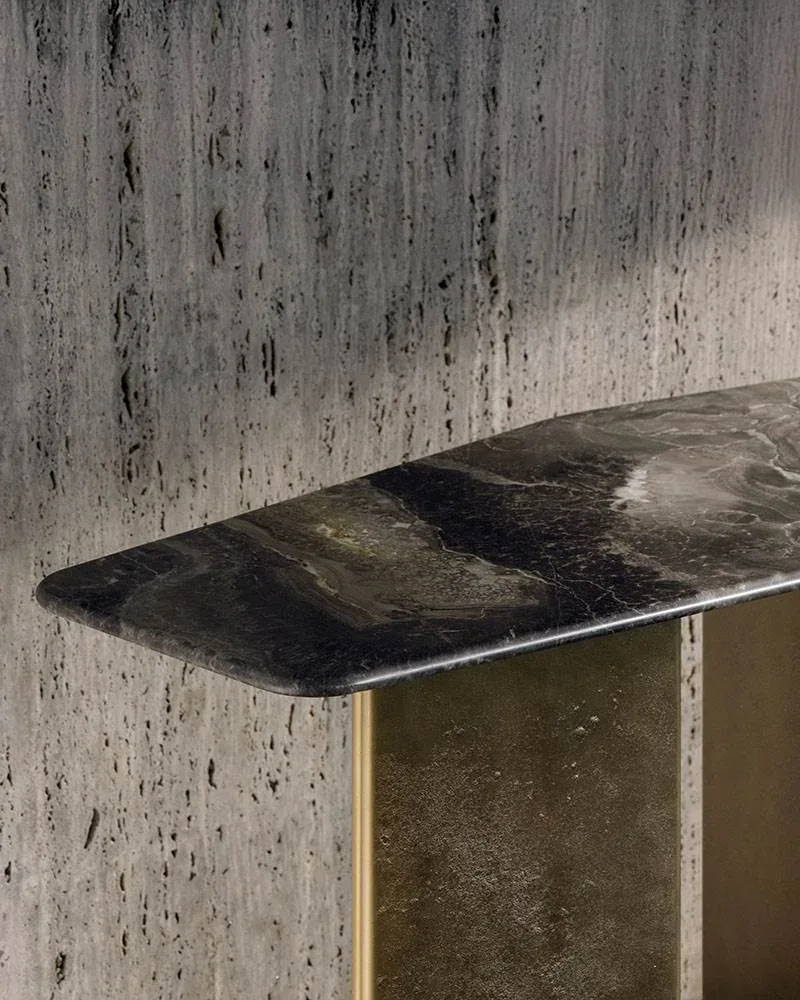 Bàn console mặt đá bất đối xứng, chân nhôm đôi mạ crôm M8-I369