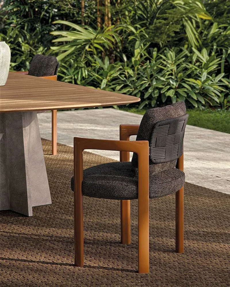 Ghế ngoài trời lưng đan dây ô vuông, khung gỗ teak M8-I394