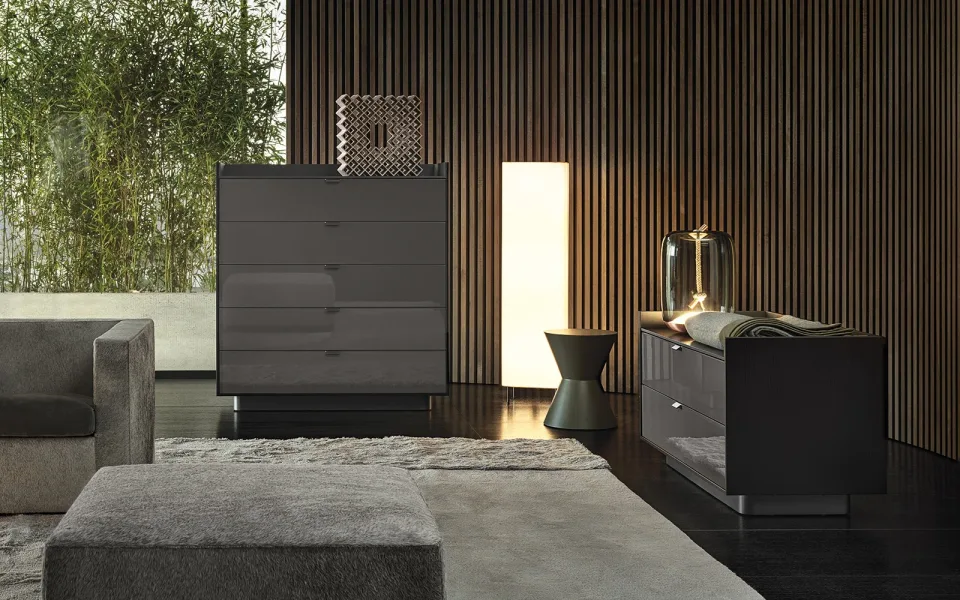 Tủ đầu giường gỗ tần bì cánh sơn bóng, viền nhôm satin M8-I435