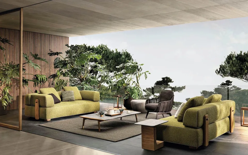 Sofa ngoài trời modul viền da chân gỗ iroko hoặc teak M8-I519