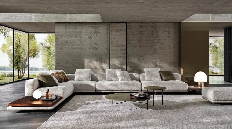 Sofa mô-đun bệ nổi, mặt bàn đá hoặc gỗ tích hợp M8-I527