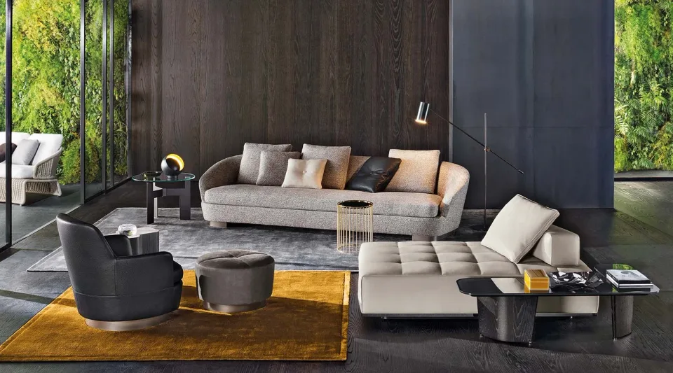 Sofa dáng cong mềm chân đồng, kèm ghế bành và đôn M8-I528