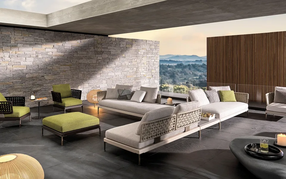Sofa ngoài trời mô-đun khung nhôm lưng đan dây, khay gỗ tếch M8-I540
