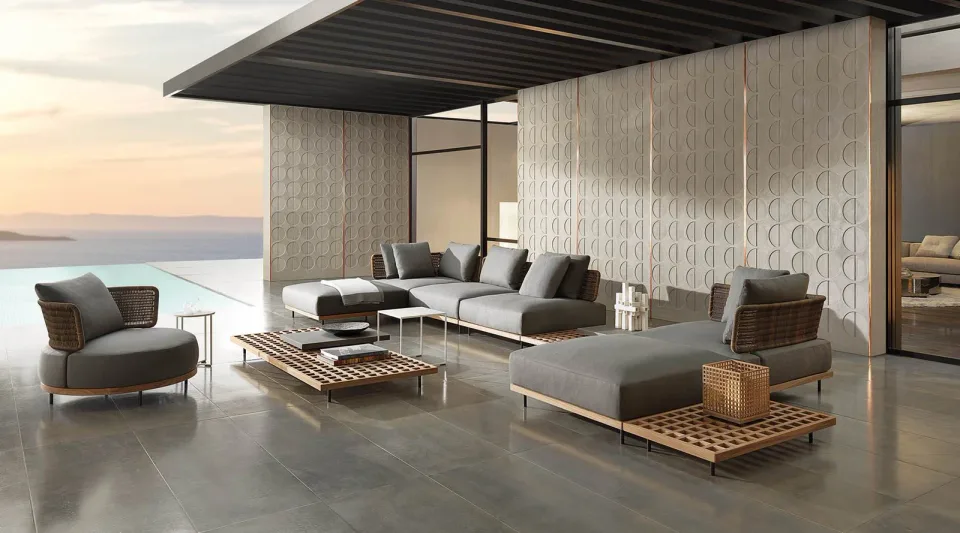 Sofa module ngoài trời bệ gỗ teak vuông lưng dệt giả mây M8-I544