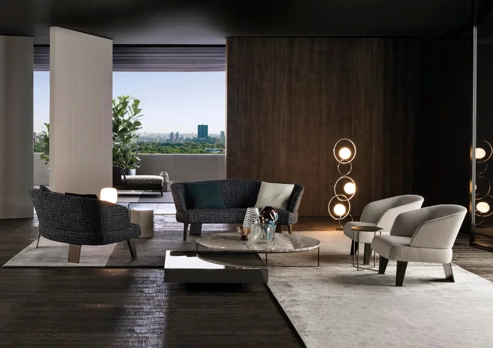 Sofa bán nguyệt nhỏ gọn chân gỗ sucupira cho góc ấm cúng M8-I547