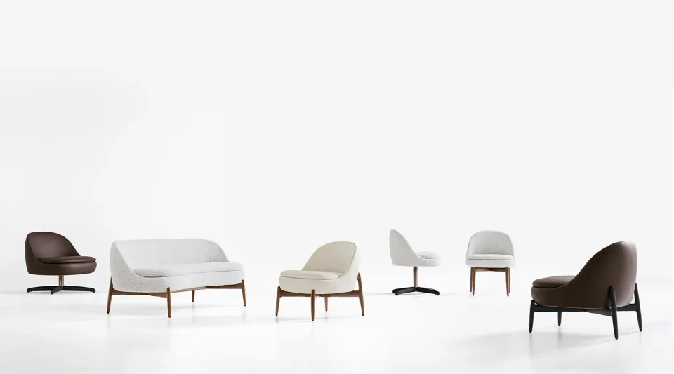 Sofa nhỏ chân gỗ óc chó thon cao kèm ghế bành xoay M8-I557