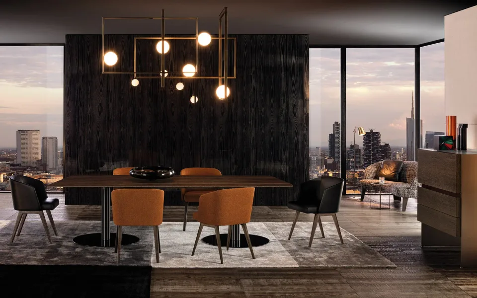 Bàn ăn chân trụ kim loại màu thiếc mặt veneer M8-I577