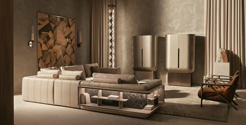 Sofa sọc đứng, gối lông vũ, kệ sách đèn LED M8-I621