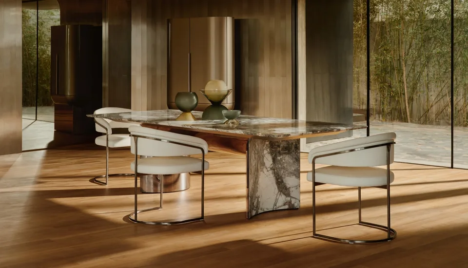 Bàn ăn mặt đá marble vát cạnh chân thép bóng điêu khắc M8-I635