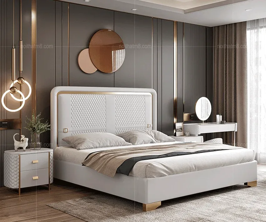 Mẫu giường ngủ bọc da viền inox 304 mạ titan độc đáo M8-6088