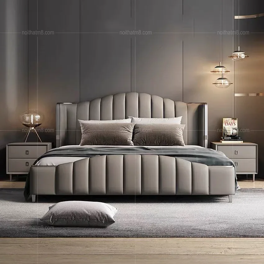 Giường ngủ bọc da viền inox trắng hiện đại M8-6003