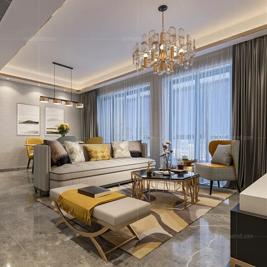 Bộ sofa phòng khách bọc da hiện đại và trang nhã M8-3646